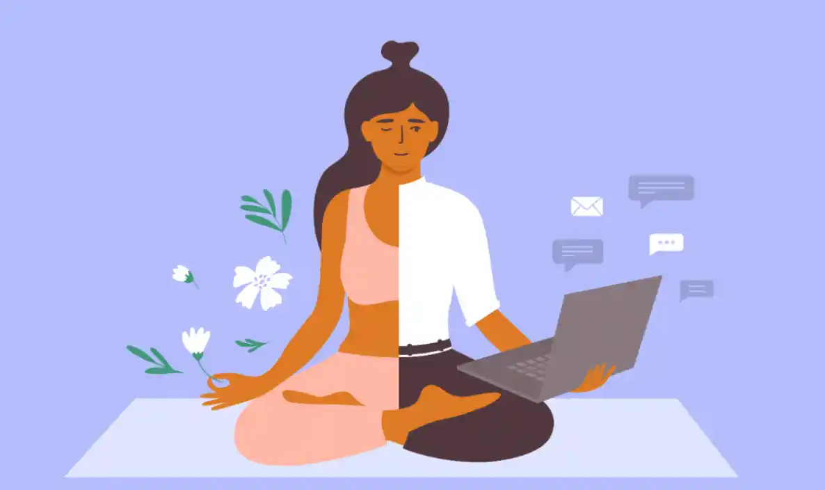 animated image of woman in yoga pose with laptop in one hand and peeking at laptop